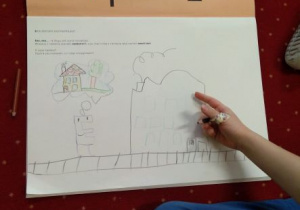 Chłopiec wskazuje elementy swojego rysunku przedstawiającego świat wokół głoski e